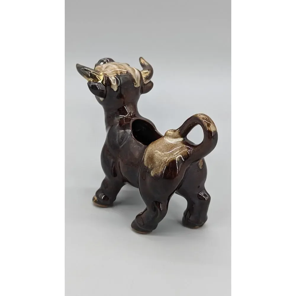 Vintage MCM Stoneware Ceramic Brown & Gold Bull Coffee Creamer Dish 6